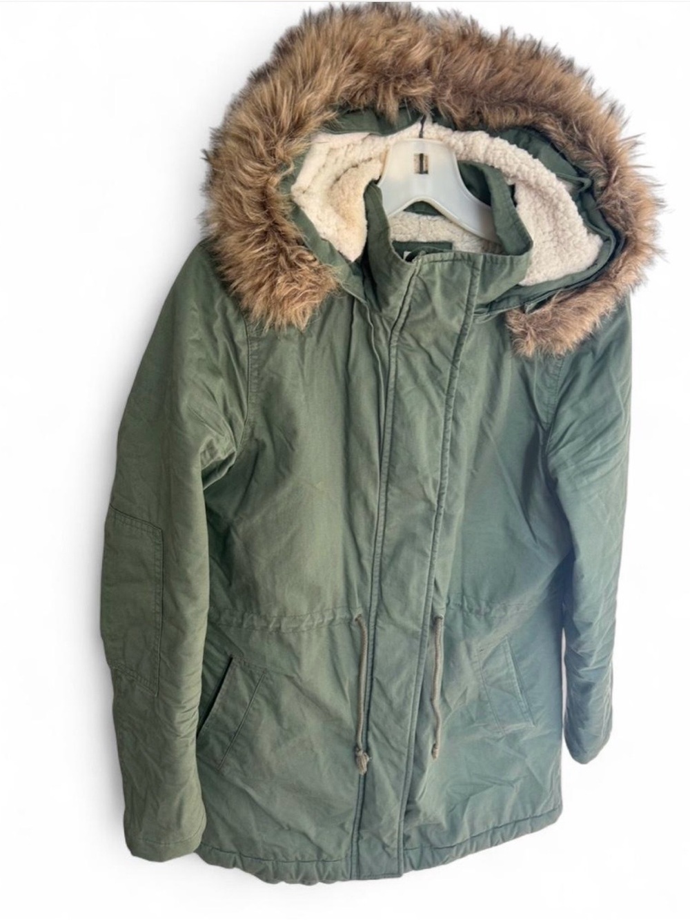 Gap Women’s Olive Green Parka w/ Faux Fur Hood. Body & Hood Sherpa Lined. Sz. S - Picture 2 of 8